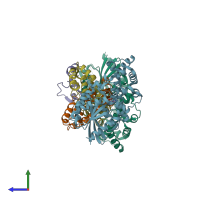 PDB entry 1fqj coloured by chain, side view.