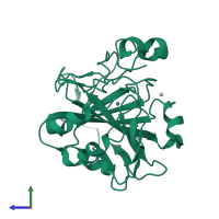 PDB entry 1fql coloured by chain, side view.