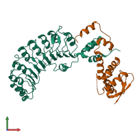 Hetero dimeric assembly 2 of PDB entry 1fqv coloured by chemically distinct molecules, front view.