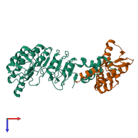 Hetero dimeric assembly 7 of PDB entry 1fqv coloured by chemically distinct molecules, top view.