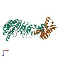 Hetero dimeric assembly 8 of PDB entry 1fqv coloured by chemically distinct molecules, top view.