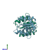 PDB entry 1fqw coloured by chain, side view.