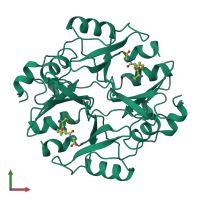 Homo dimeric assembly 2 of PDB entry 1fro coloured by chemically distinct molecules, front view.