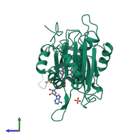 PDB entry 1frq coloured by chain, side view.