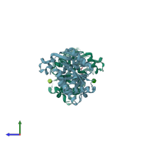 PDB entry 1fs5 coloured by chain, side view.