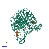 Monomeric assembly 1 of PDB entry 1fsu coloured by chemically distinct molecules, side view.