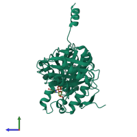 PDB entry 1fsz coloured by chain, side view.