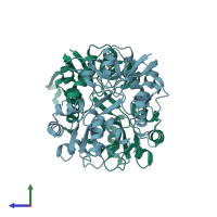PDB entry 1fto coloured by chain, side view.