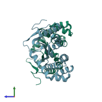 PDB entry 1fvk coloured by chain, side view.