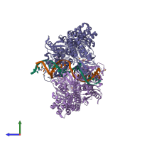 PDB entry 1fw6 coloured by chain, side view.