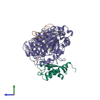 PDB entry 1fwj coloured by chain, side view.