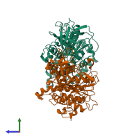 PDB entry 1fx0 coloured by chain, side view.
