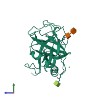 PDB entry 1fy3 coloured by chain, side view.