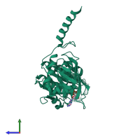 Monomeric assembly 1 of PDB entry 1g18 coloured by chemically distinct molecules, side view.