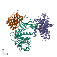 Hetero trimeric assembly 1 of PDB entry 1g3n coloured by chemically distinct molecules, front view.
