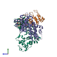 Hetero trimeric assembly 1 of PDB entry 1g3n coloured by chemically distinct molecules, side view.