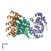 Hetero trimeric assembly 1 of PDB entry 1g3n coloured by chemically distinct molecules, top view.