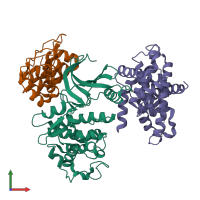 Hetero trimeric assembly 2 of PDB entry 1g3n coloured by chemically distinct molecules, front view.