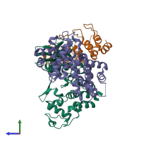 Hetero trimeric assembly 2 of PDB entry 1g3n coloured by chemically distinct molecules, side view.