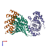 Hetero trimeric assembly 2 of PDB entry 1g3n coloured by chemically distinct molecules, top view.