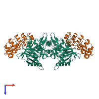 Hetero tetrameric assembly 4 of PDB entry 1g3n coloured by chemically distinct molecules, top view.
