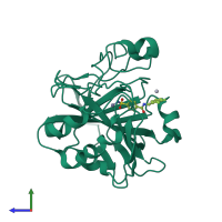 Monomeric assembly 1 of PDB entry 1g46 coloured by chemically distinct molecules, side view.