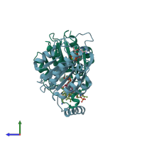 PDB entry 1g64 coloured by chain, side view.