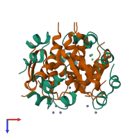 Hetero dodecameric assembly 1 of PDB entry 1g7a coloured by chemically distinct molecules, top view.
