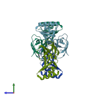 PDB entry 1gmu coloured by chain, side view.