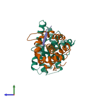 Hetero trimeric assembly 1 of PDB entry 1gux coloured by chemically distinct molecules, side view.