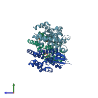 PDB entry 1gwc coloured by chain, side view.
