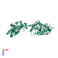 Homo dimeric assembly 1 of PDB entry 1gwx coloured by chemically distinct molecules, top view.