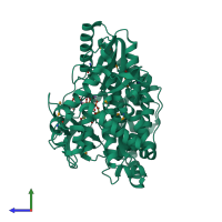 PDB entry 1gx6 coloured by chain, side view.