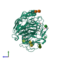 PDB entry 1gyc coloured by chain, side view.