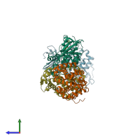 PDB entry 1h1r coloured by chain, side view.