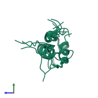 PDB entry 1h9f coloured by chain, ensemble of 10 models, side view.