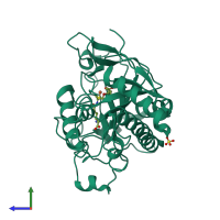 PDB entry 1hb1 coloured by chain, side view.