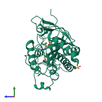 PDB entry 1hb2 coloured by chain, side view.