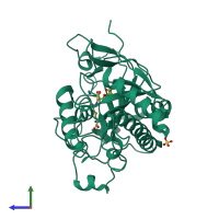 PDB entry 1hb3 coloured by chain, side view.