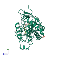 PDB entry 1hb4 coloured by chain, side view.
