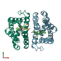 PDB entry 1hbi coloured by chain, front view.