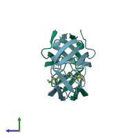 PDB entry 1hbv coloured by chain, side view.