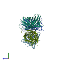 PDB entry 1hcj coloured by chain, side view.