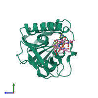 PDB entry 1he3 coloured by chain, side view.