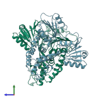 PDB entry 1hei coloured by chain, side view.