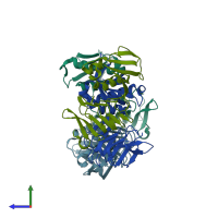 PDB entry 1hf2 coloured by chain, side view.