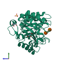 PDB entry 1hf6 coloured by chain, side view.
