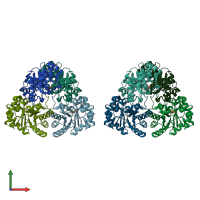 PDB entry 1hg3 coloured by chain, front view.