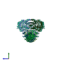 PDB entry 1hg3 coloured by chain, side view.