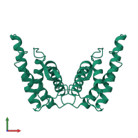 Homo dimeric assembly 1 of PDB entry 1hik coloured by chemically distinct molecules, front view.